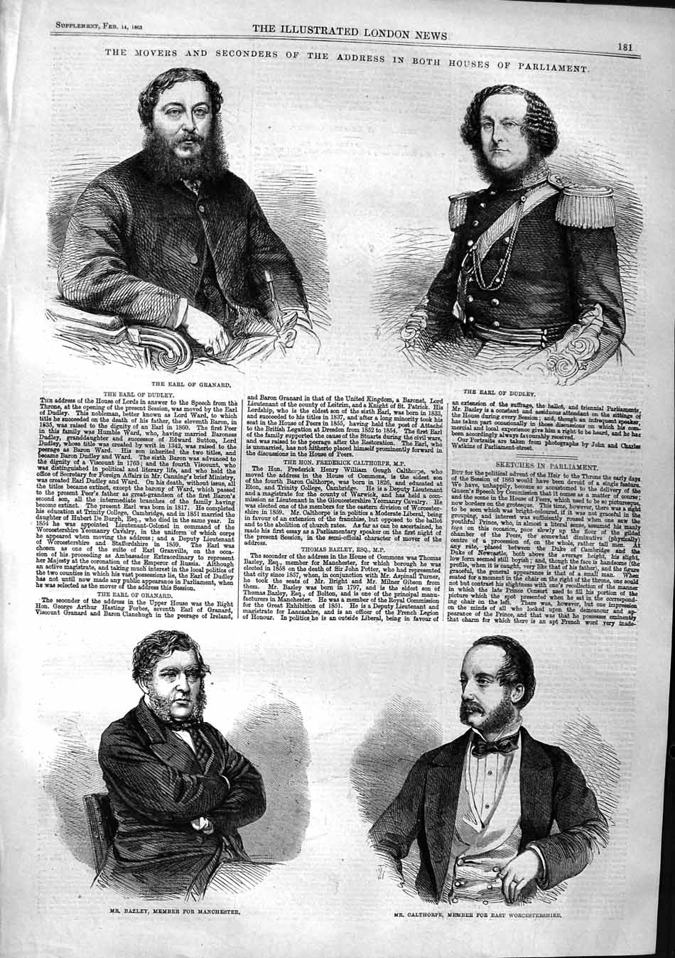 Antique Old Print *3793 1863 Earl Granard Dudley Bazley Calthorpe Parliament