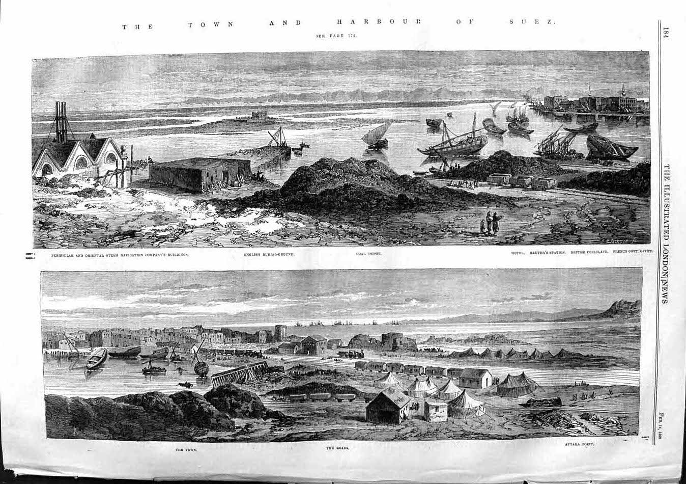 Original Old Antique Print 1863 Town Harbour Suez Attaka Hotl Reuter'S Station