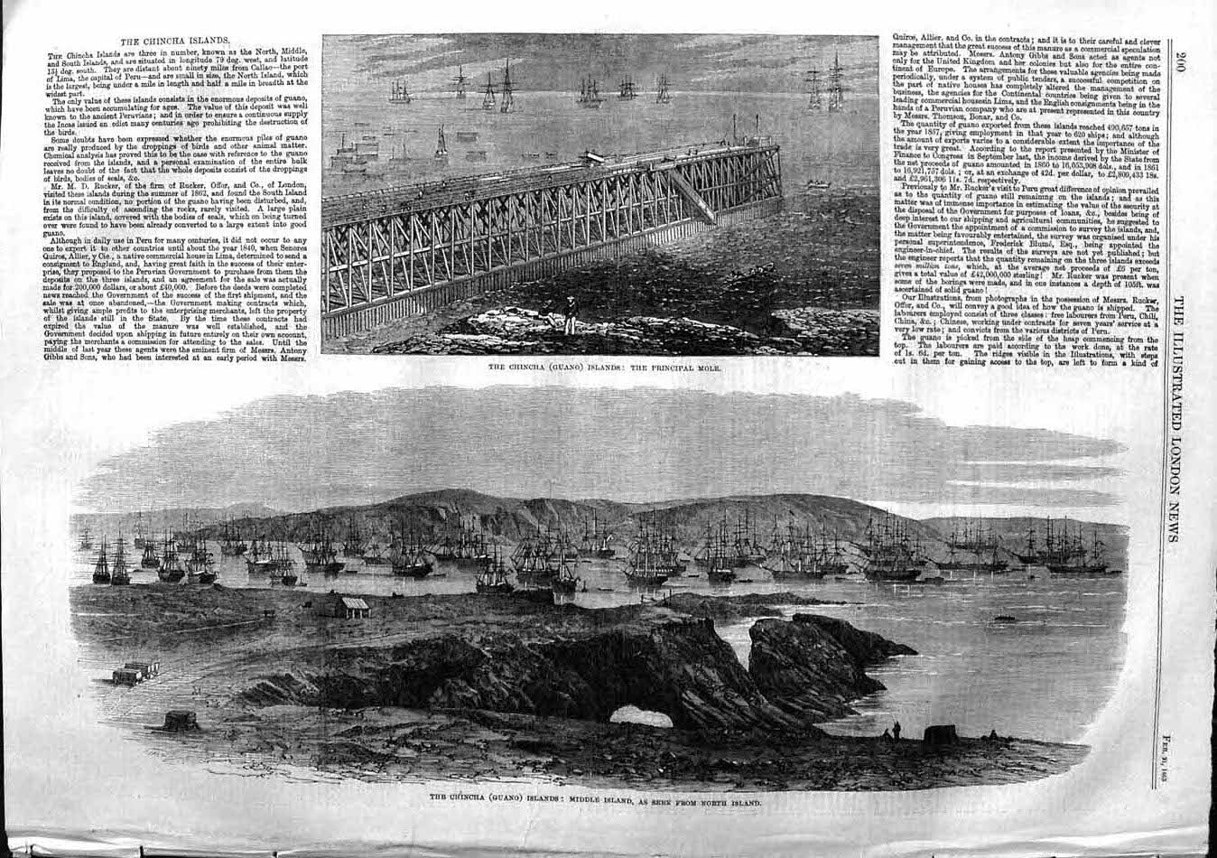 Original Old Antique Print 1863 Chincha Guano Islands War Ships Manguera Hotel