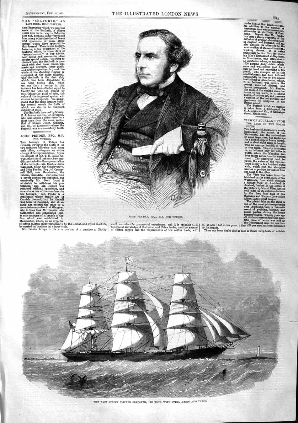 Antique Old Print *3792 1863 John Pender Totnes Indian Clipper Ship Seaforth