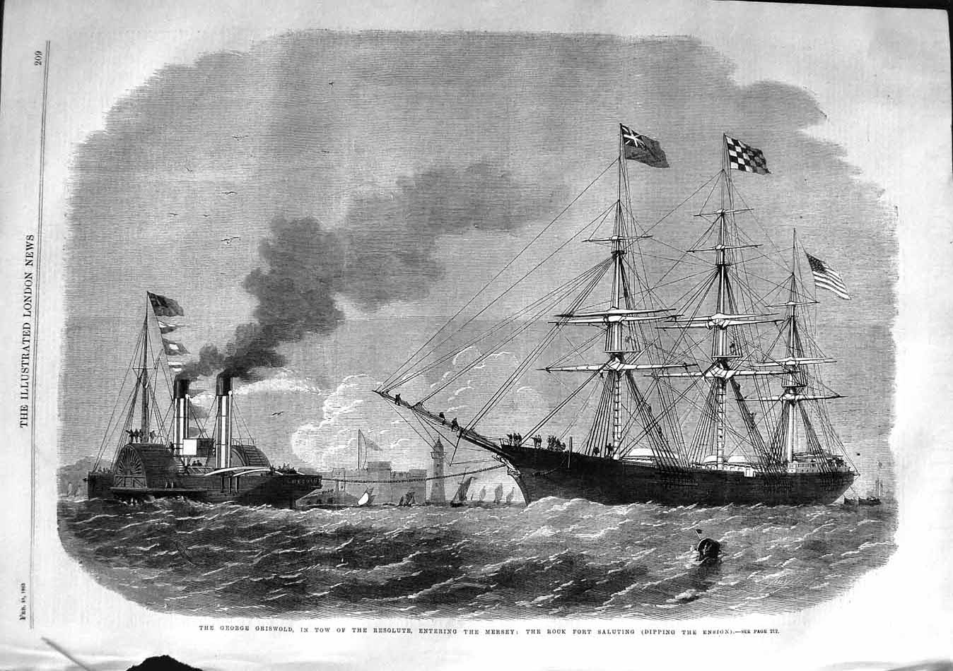 Original Old Antique Print 1863 George Griswald Resolute River Mersey Rock Fort