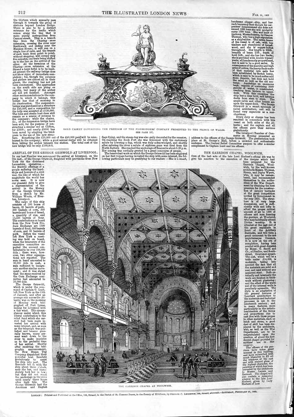 Original Old Antique Print 1863 Garrison Chapel Woolwich GCasket Fishmongers