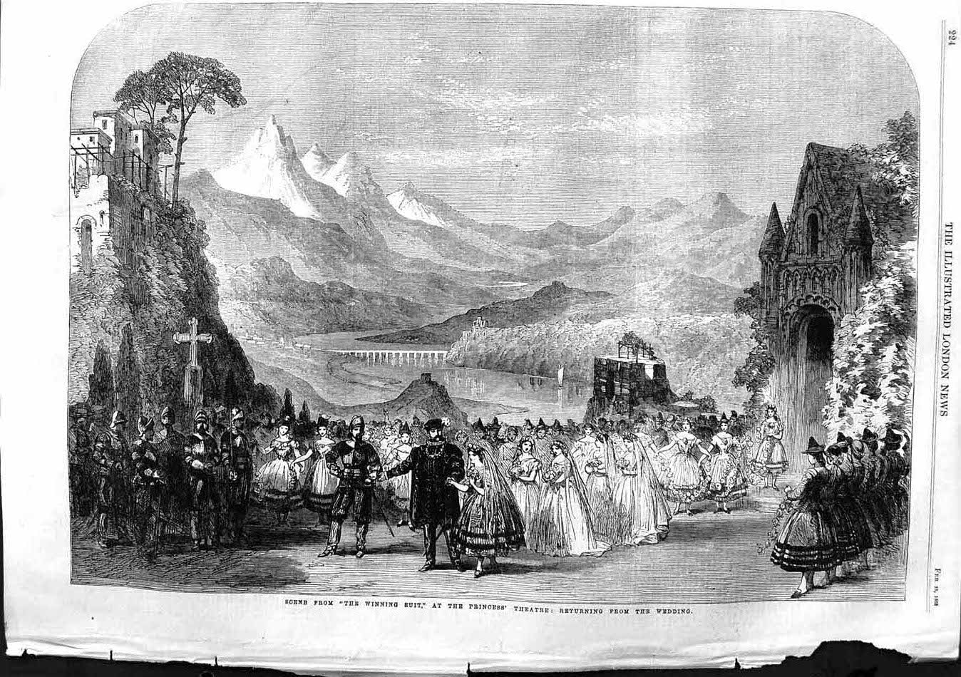 Original Old Antique Print 1863 Scene Winning Suit Princess Theatre Wedding