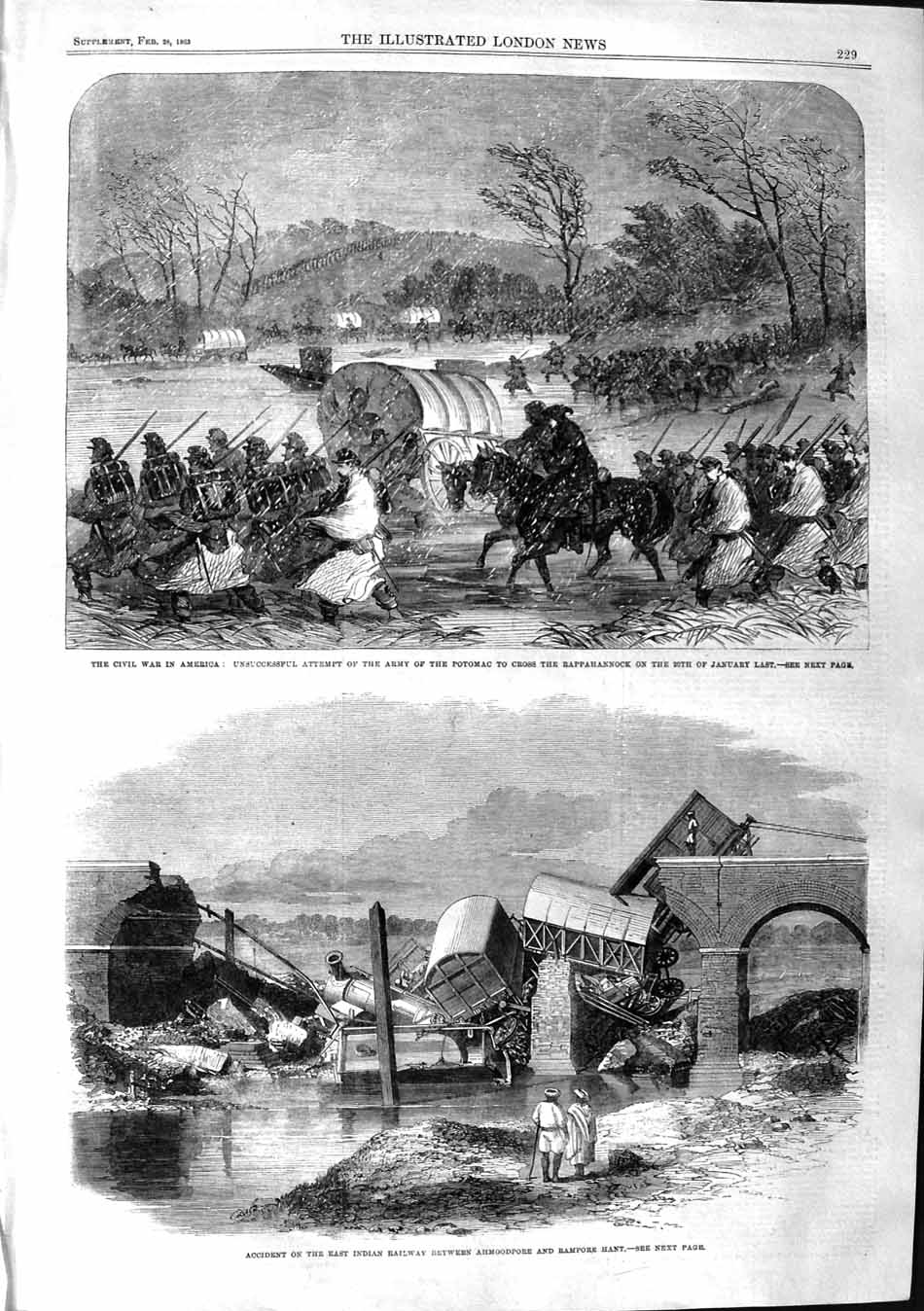 Original Old Antique Print 1863 War America Army Potomac Rappahannock Railway