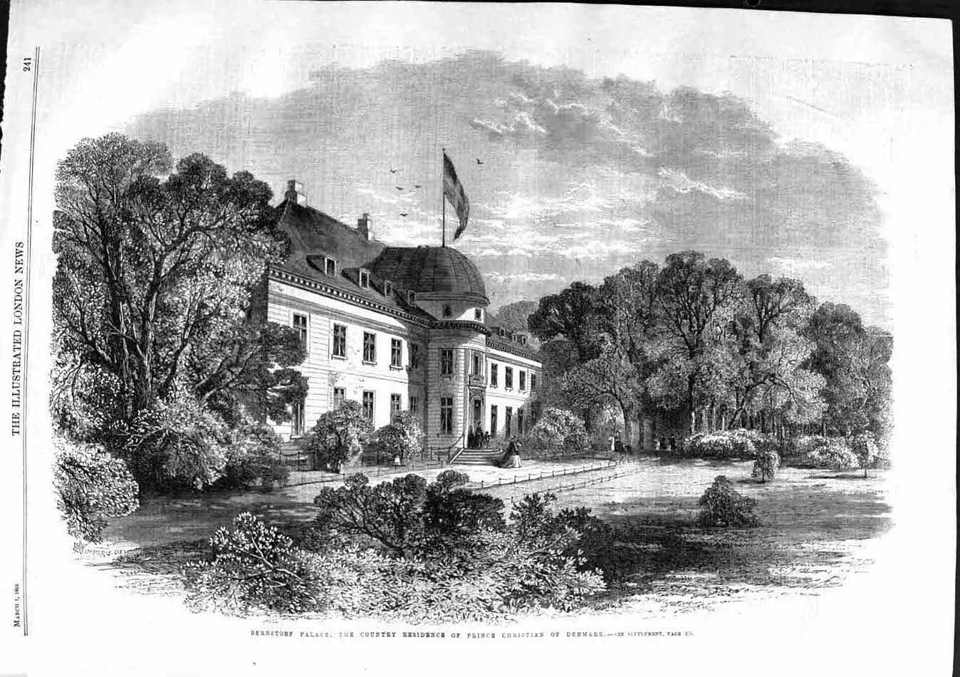 Original Old Antique Print 1863 Bernstorf Palace House Prince Christian Denmark