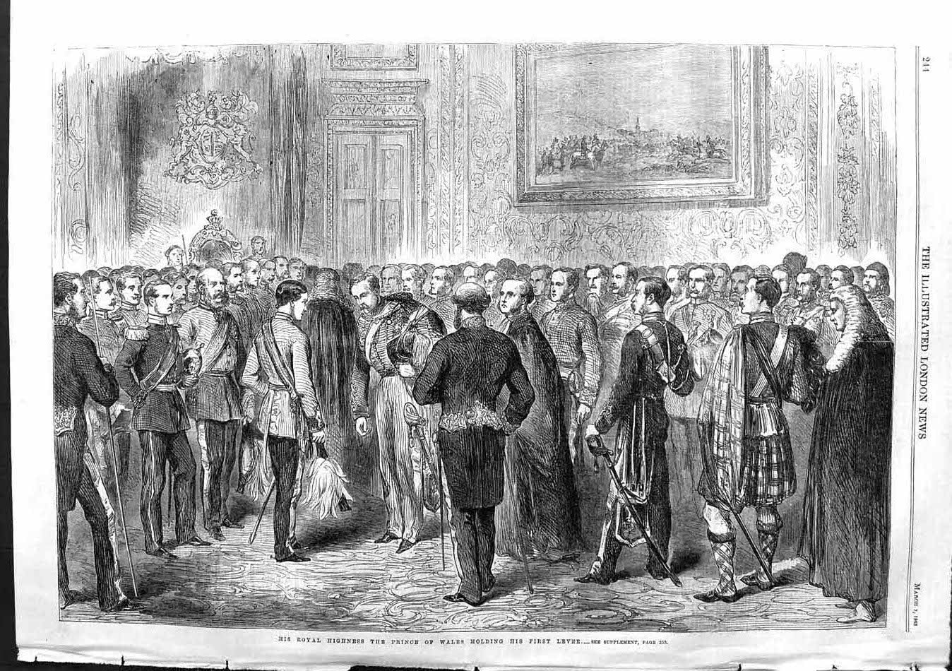Original Old Antique Print 1863 His Royal Highness Prince Wales Hing Levee 19th