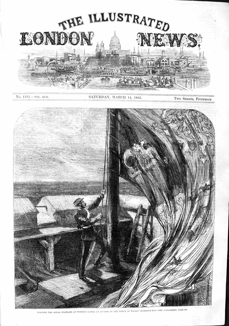 Original Old Antique Print 1863 Hoisting Royal Standard Windsor Castle Victorian