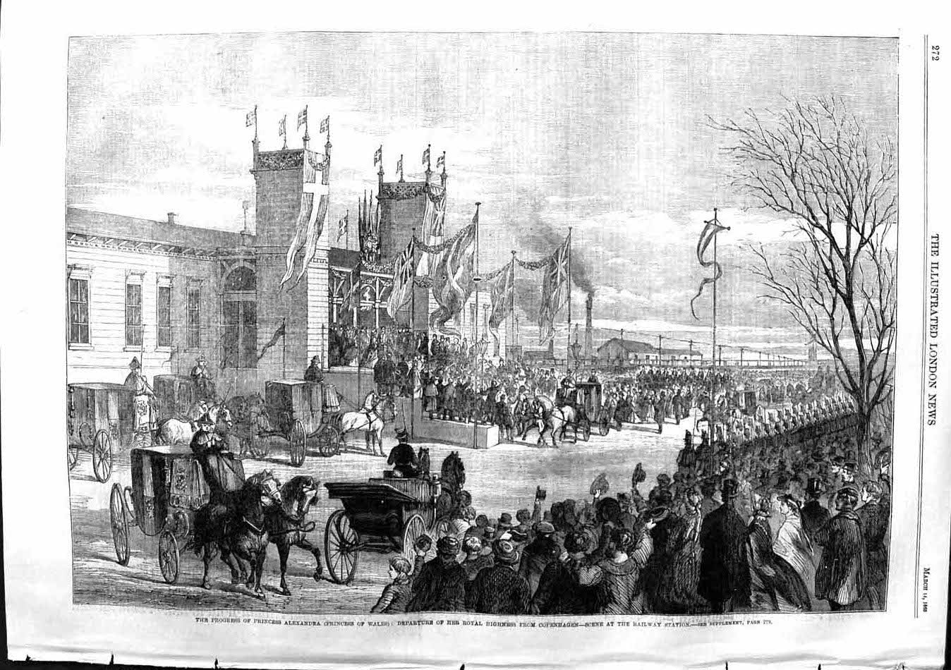Original Old Antique Print 1863 Princess Alexandra Wales Copenhagen Railway
