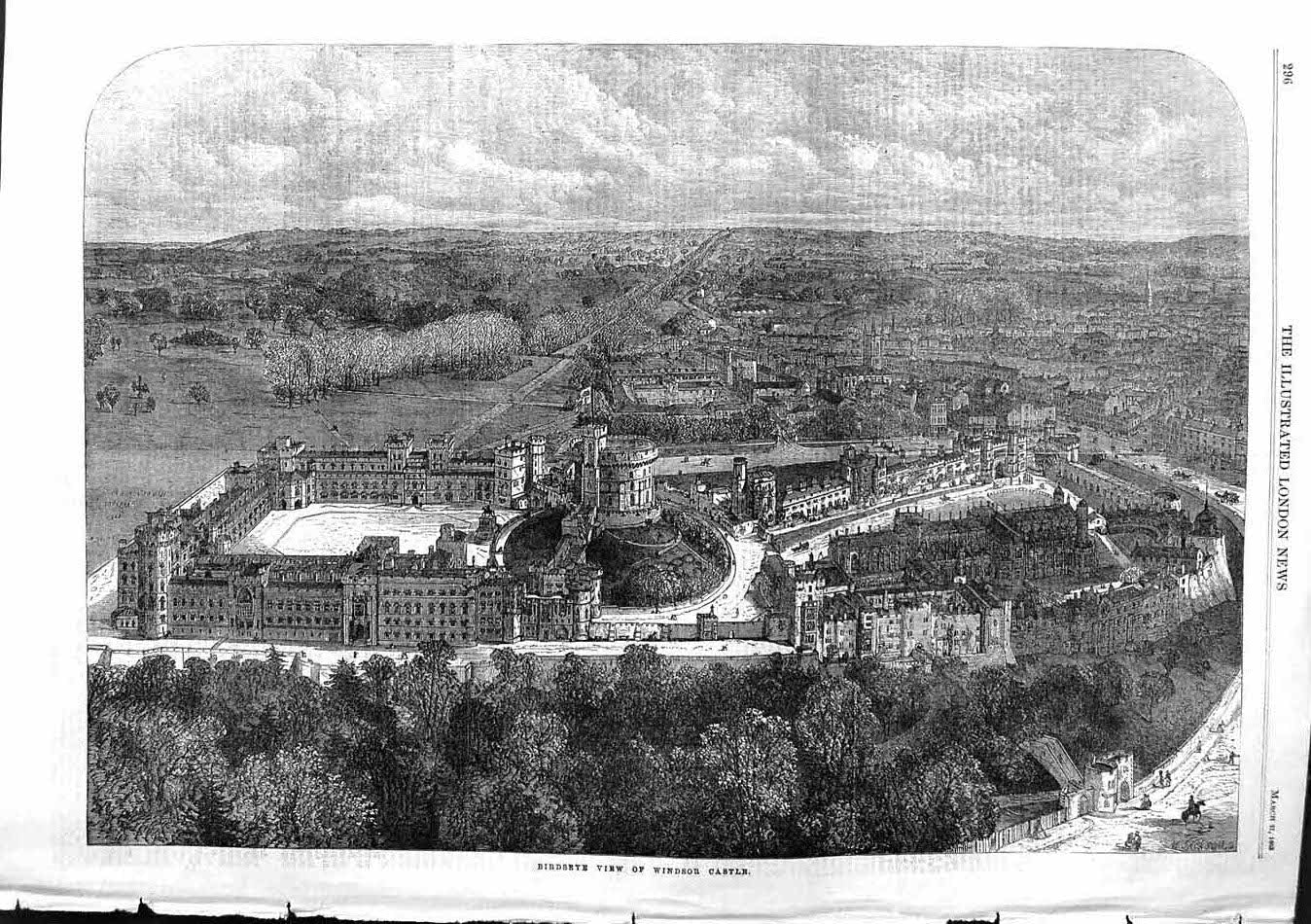 Original Old Antique Print 1863 Birdseye View Windsor Castle London Queen 19th