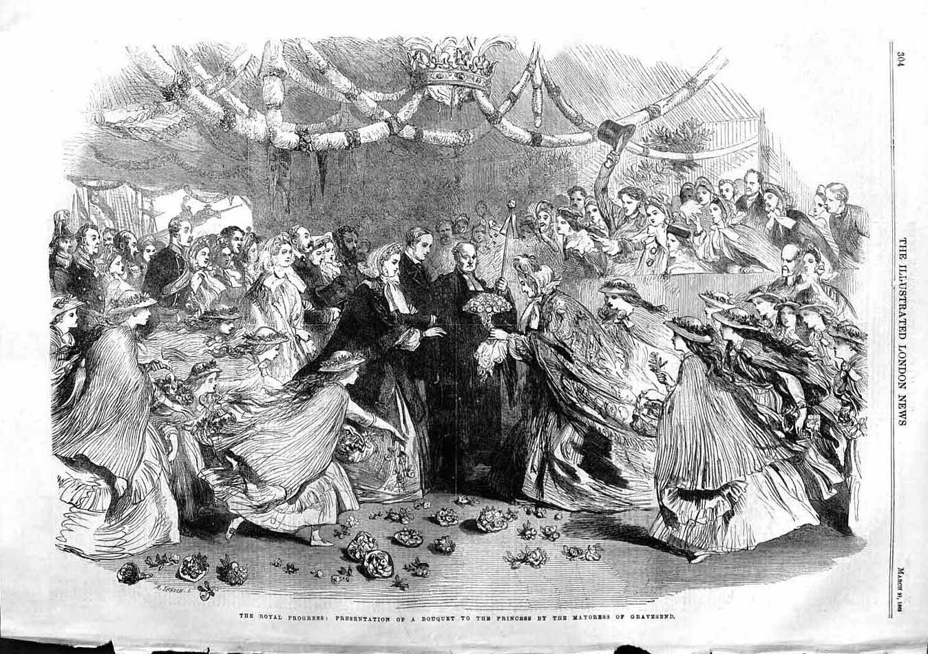 Old Antique Print 1863 Royal Presentation Boquet Princess Mayor Gravesend 19th