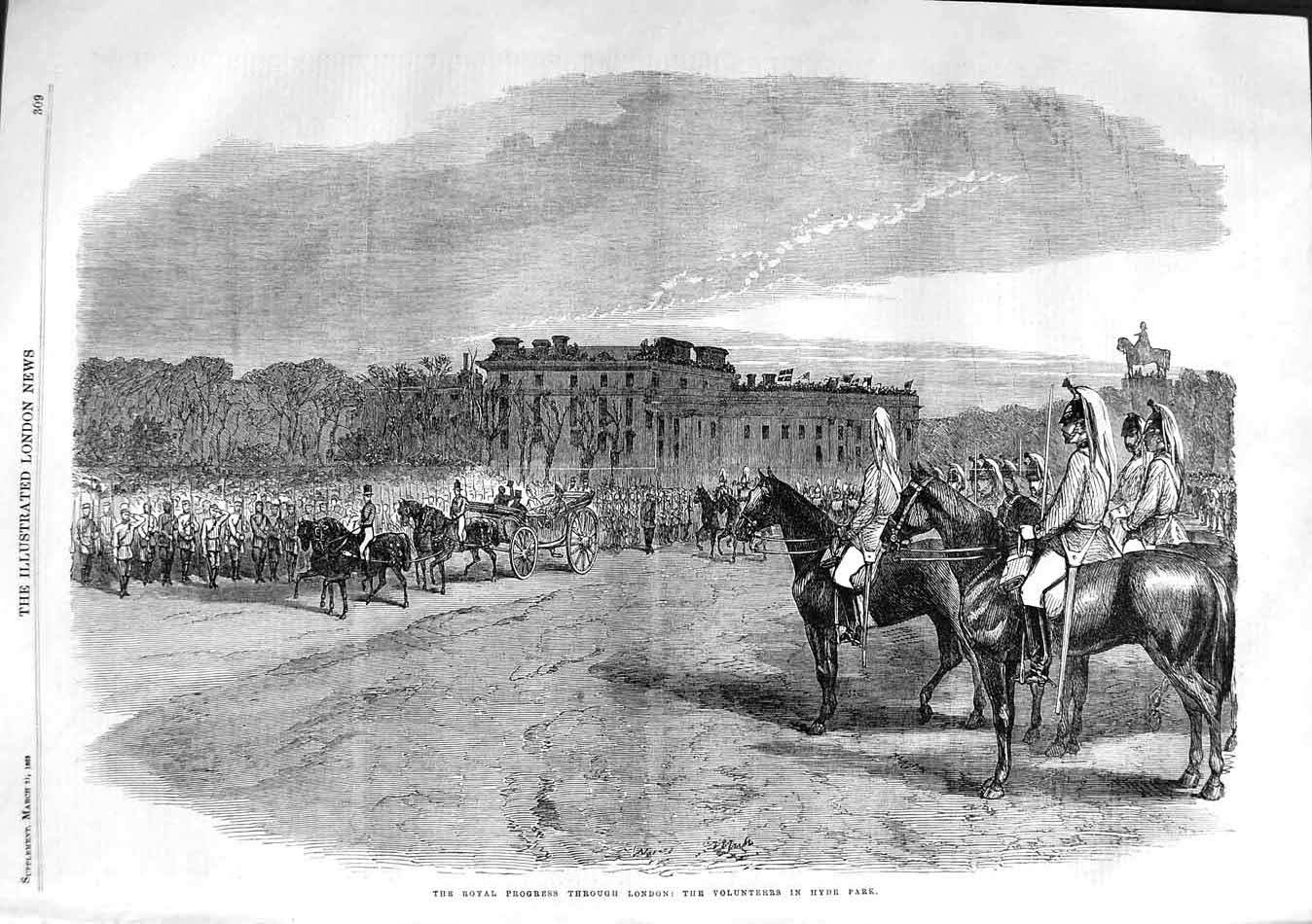 Original Old Antique Print 1863 Royal Procession London Volunteers Hy Victorian