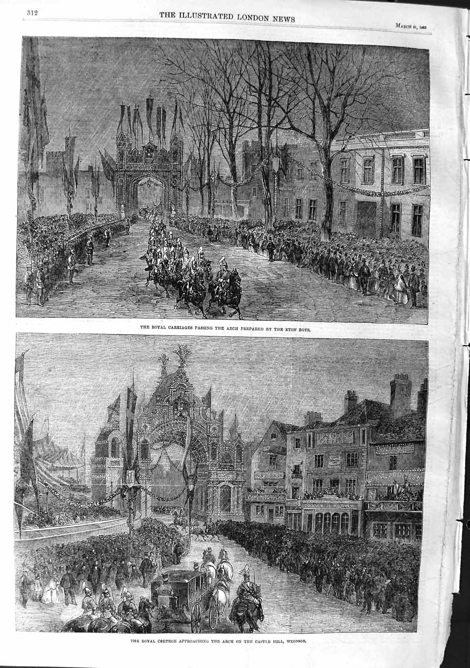 Original Old Antique Print 1863 Royal Carriage Arch Eton School Boys Windsor
