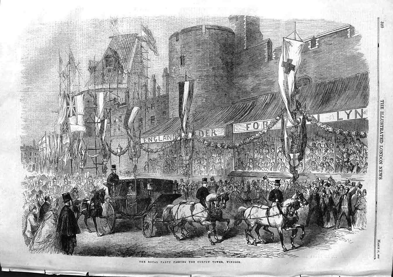 Original Old Antique Print 1863 Royal Party Passing Curfew Tower Windsor London