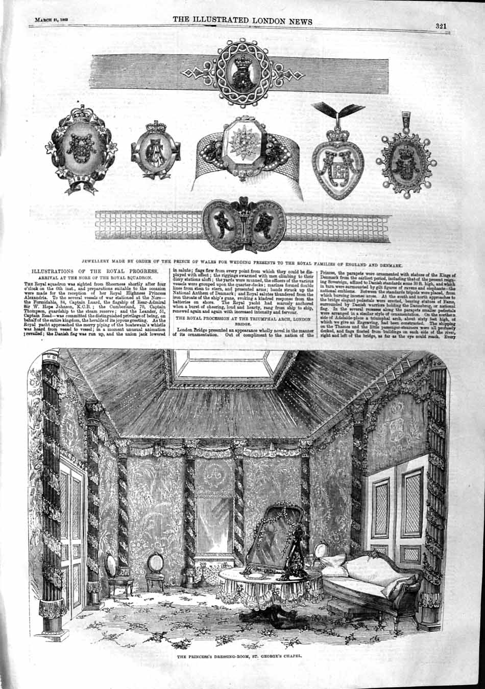 Original Old Antique Print 1863 Jewellery Prince Wales Wedding George'S Chapel