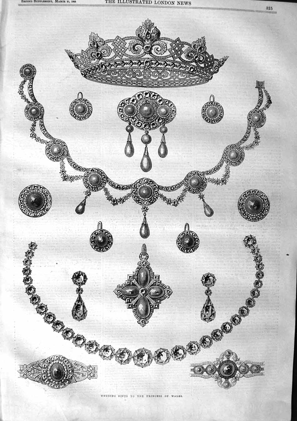 Original Old Antique Print 1863 Wedding Gifts Princess Wales Jewellery Earings