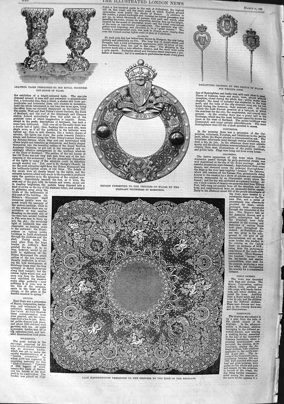 Old Antique Print 1863 Lace Hankerchief King Belgians Brooch Leather Vase 19th