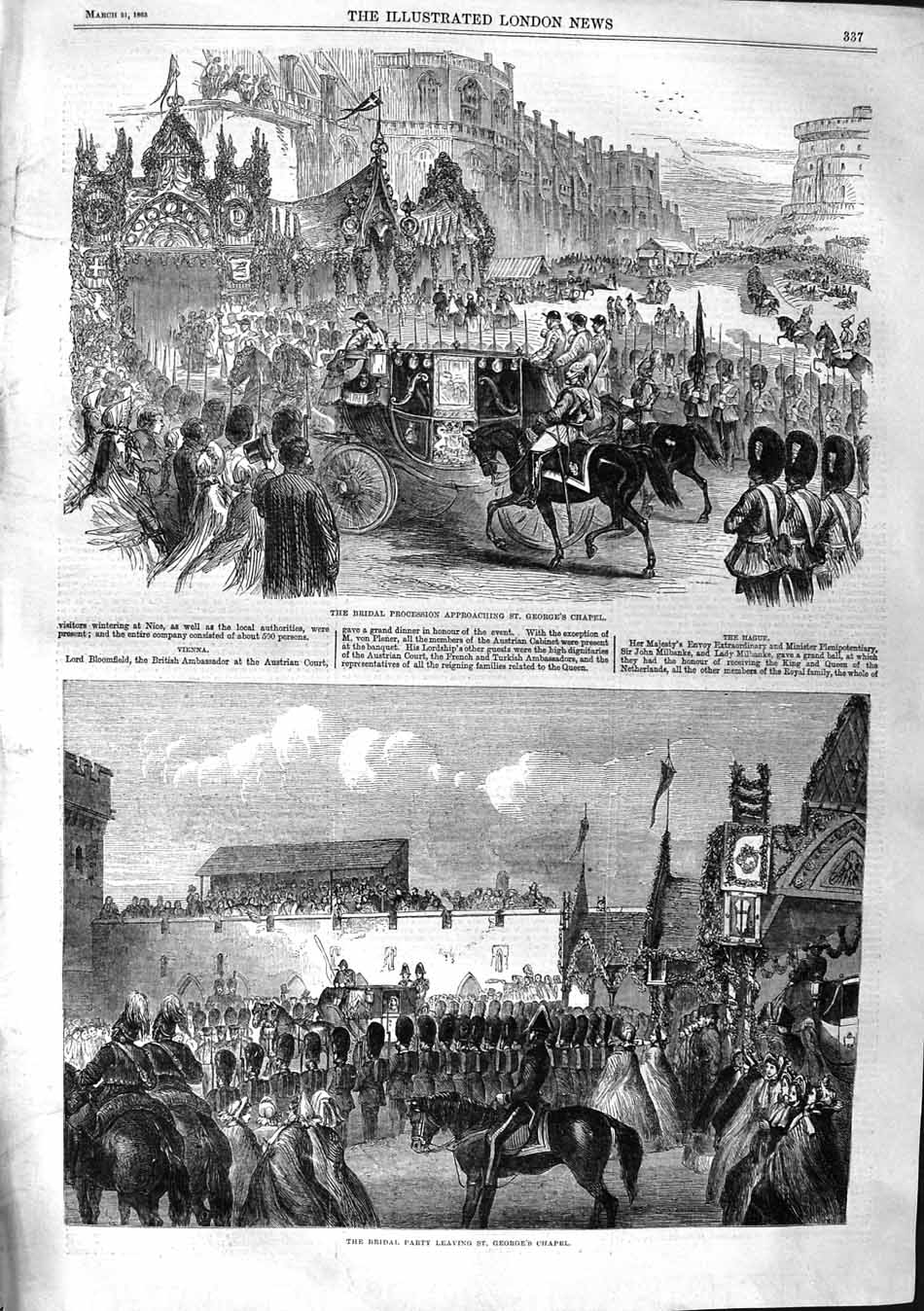 Original Old Antique Print 1863 Royal Wedding Bridal Procession George'S Chapel