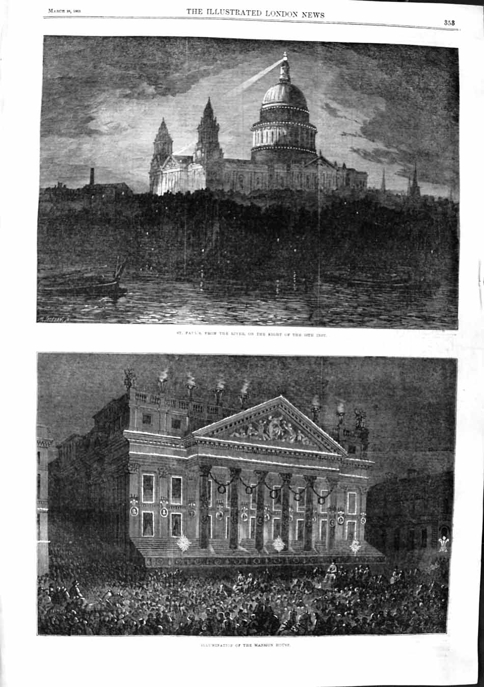 Original Old Antique Print 1863 St. Paul'S Cathedral River Mansion House London