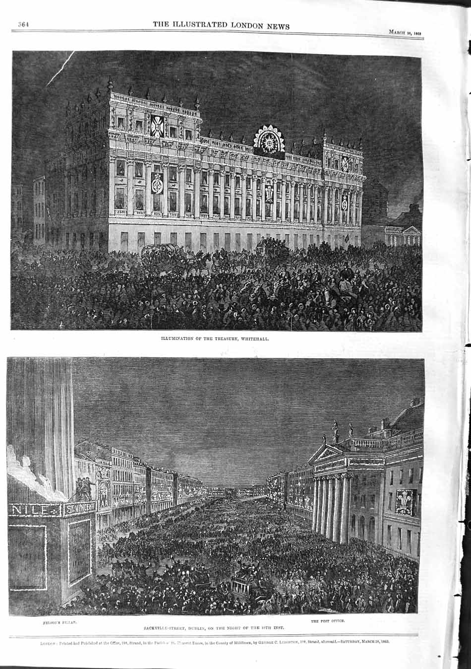 Original Old Antique Print 1863 Illuminaion Treasury Whitehall Sackville Dublin