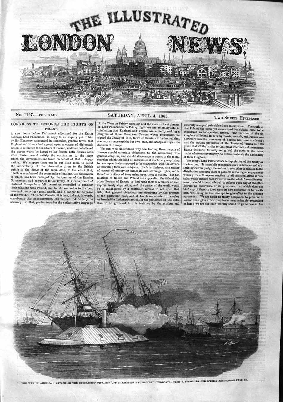 Original Old Antique Print 1863 War America Attacl Blockading Ships Charleston