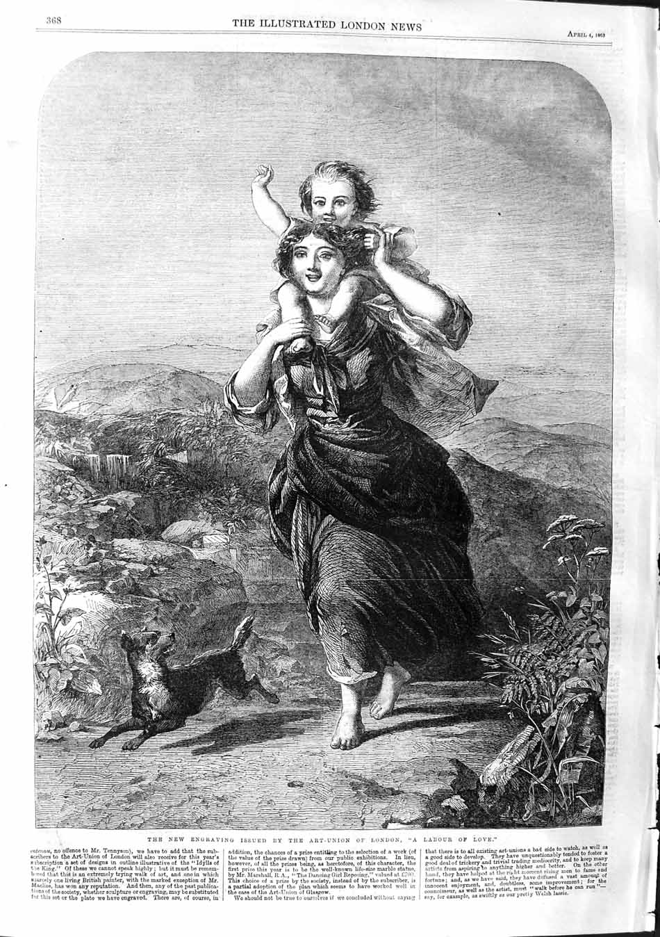 Original Old Antique Print 1863 Art-Union London Young Girls Countryside Dog