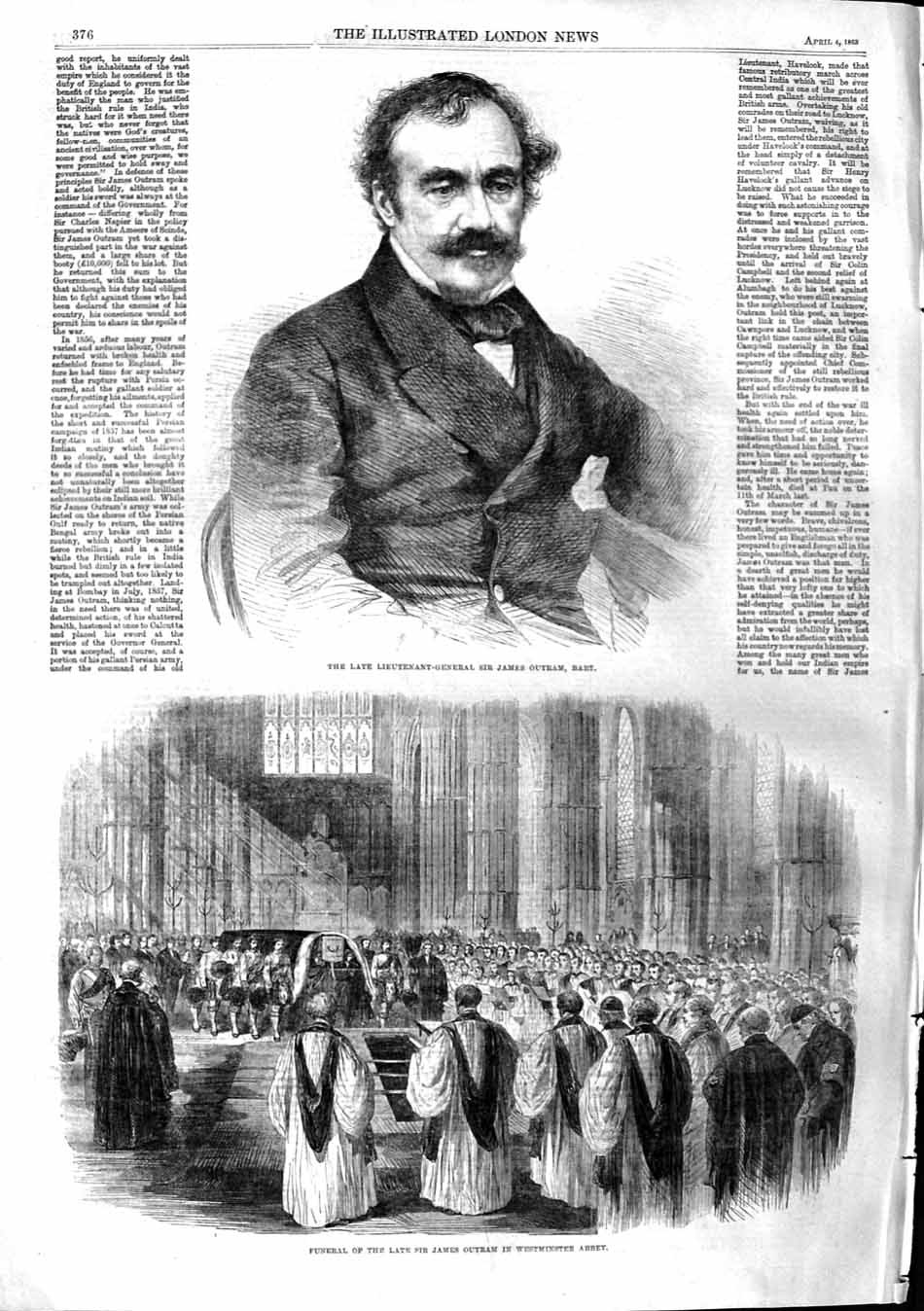 Original Old Antique Print 1863 Portrait James Outram Funeral Westminster Abbey