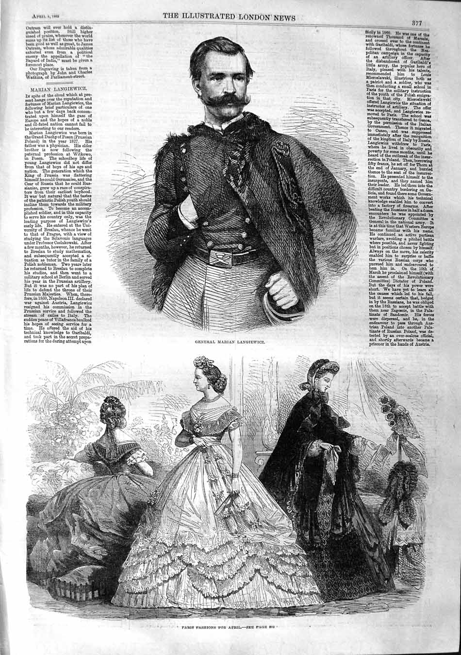 Original Old Antique Print 1863 General Marian Langiewicz Paris Women'S 19th