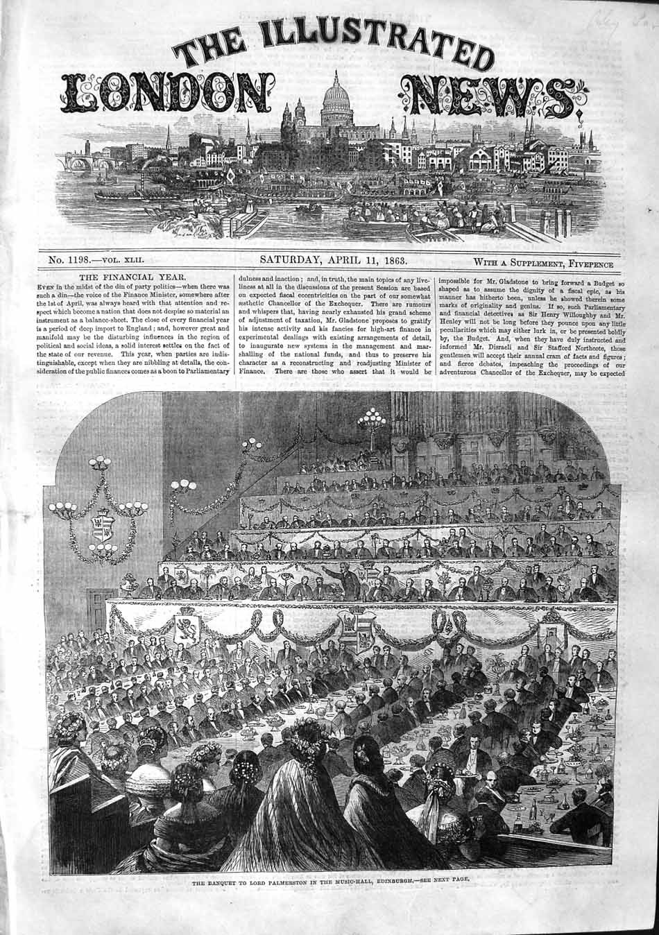 Original Old Antique Print 1863 Banquet Lord Palmerston Music Hall Edinburgh