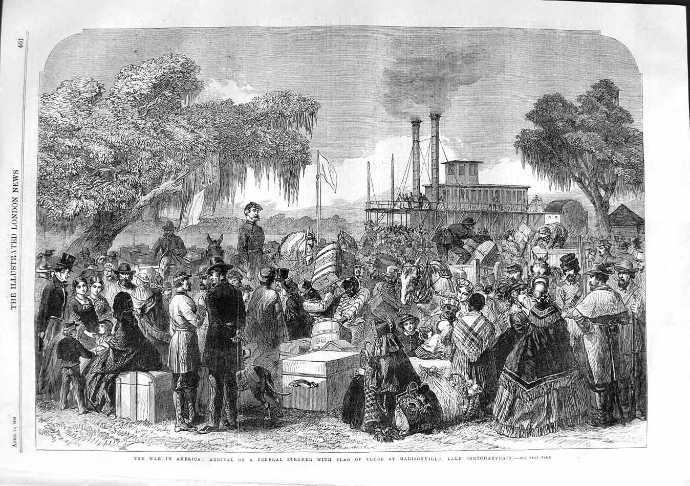 Original Old Antique Print 1863 War America Federal Steamer Ship Portchartrain