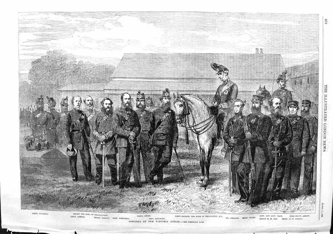 Original Old Antique Print 1863 Victoria Rifles Ewing Duke Wellington Trew 19th
