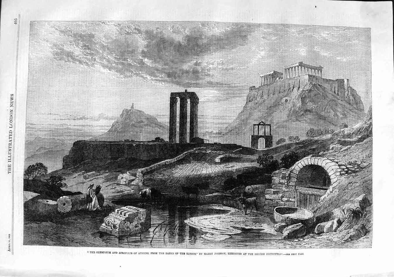Original Old Antique Print 1863 Olympaeum Acropolis Athens Lissus River F 19th