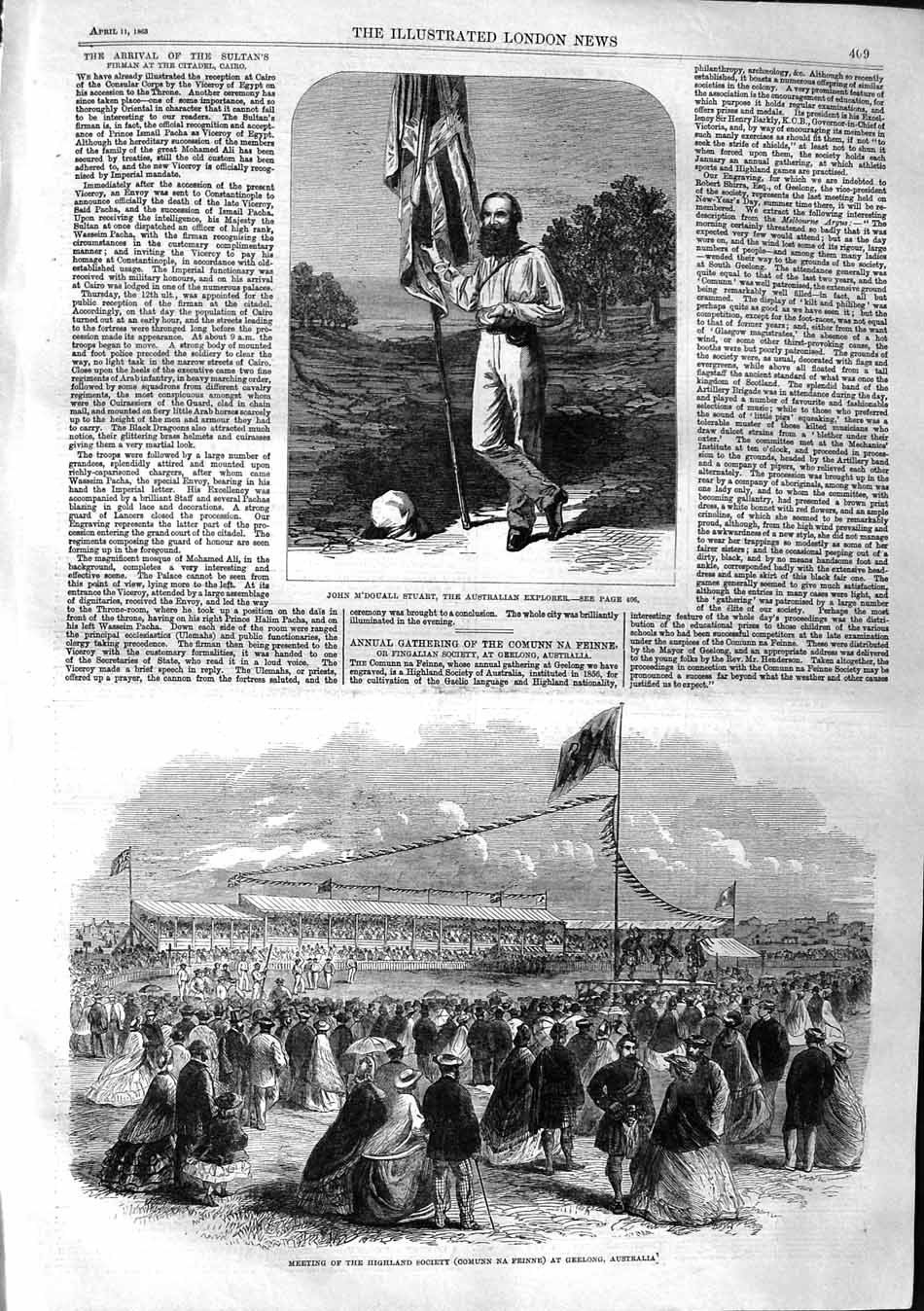 Old Antique Print 1863 John M'Douall Stuart Australian Explorer Geelong 19th