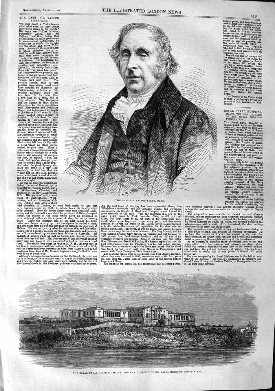 Original Old Antique Print 1863 Portrait Sir Tatton Sykes Naval Hospital Malta