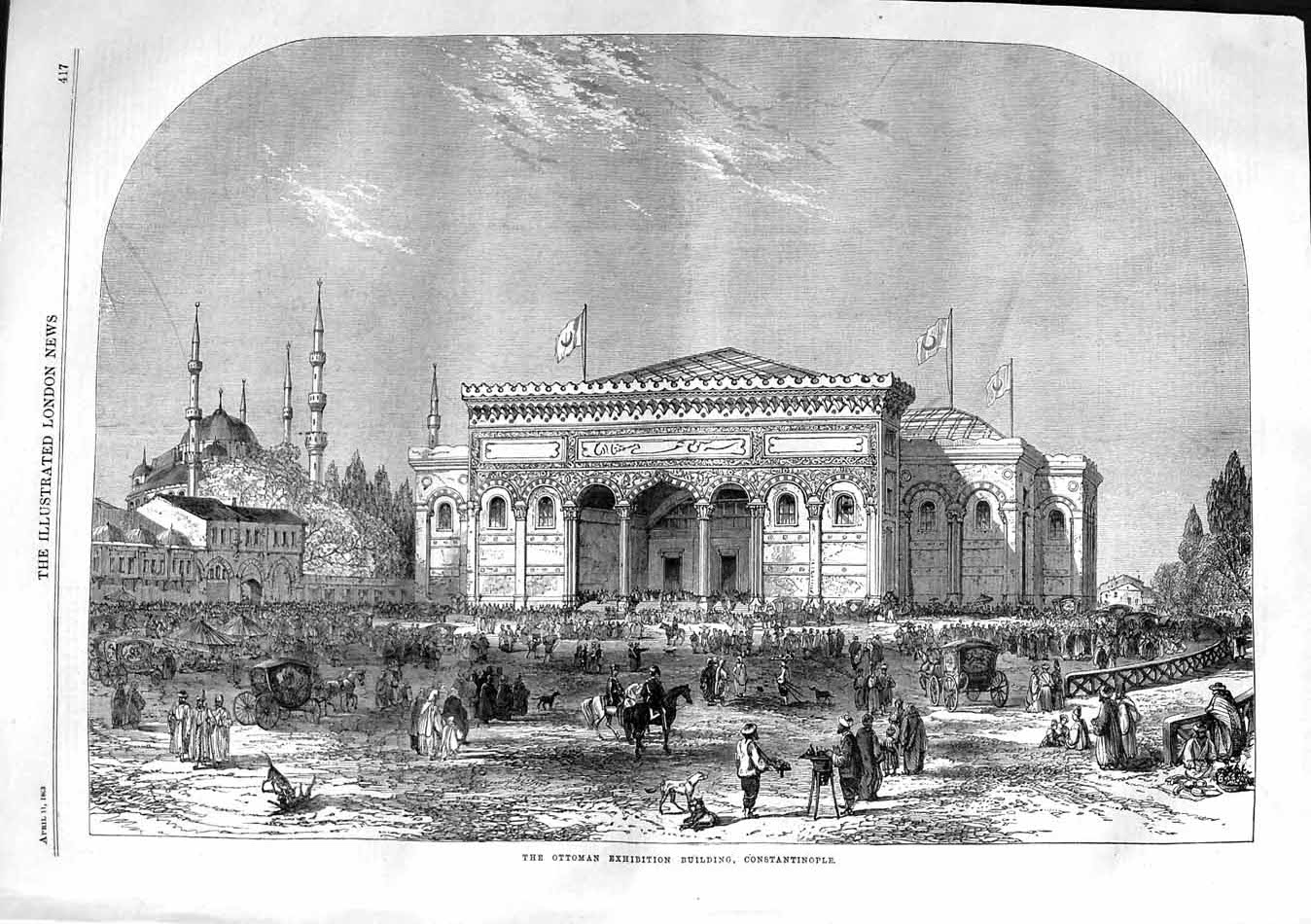 Original Old Antique Print 1863 Ottoman Exhibtion Building Constantinople 19th