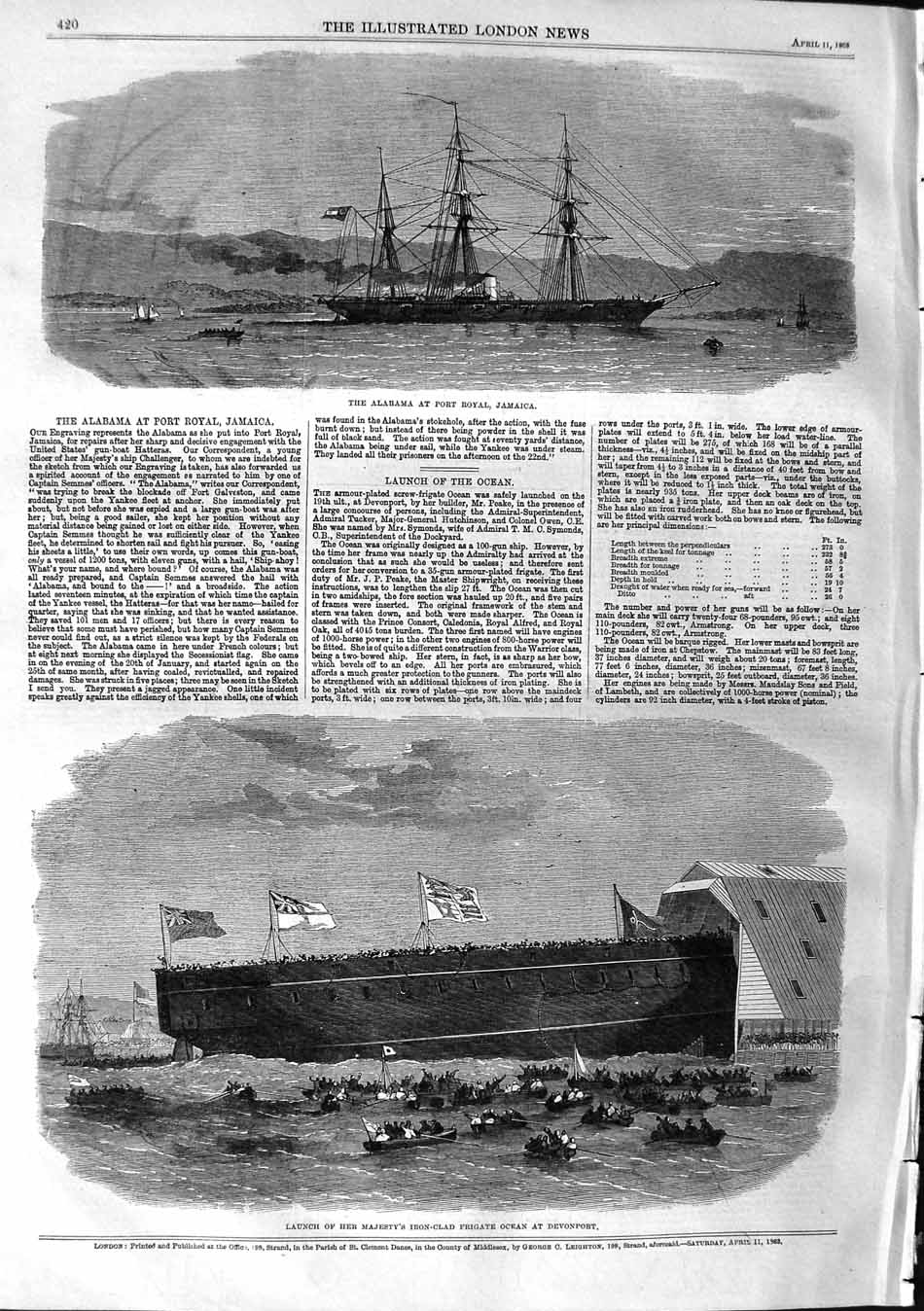 Original Old Antique Print 1863 Alabama Port Royal Jamaica Ship Frigat Victorian