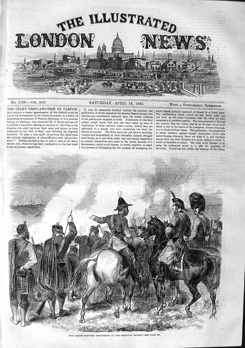 Original Old Antique Print 1863 London Scottish Volunteers Brighton Review Sier