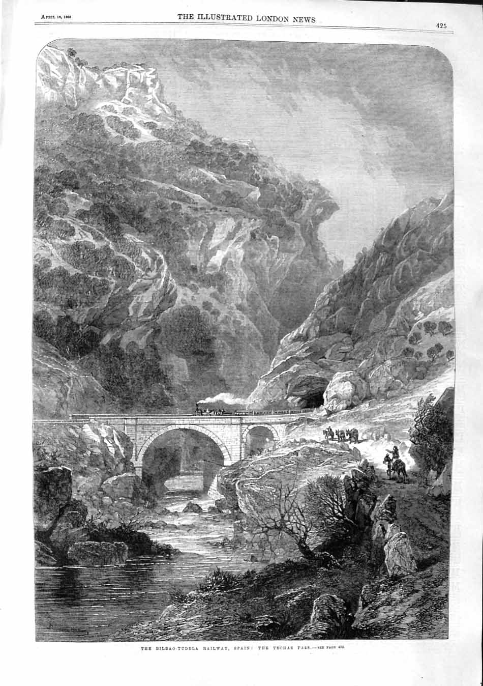 Original Old Antique Print 1863 Bilbao-Tuleda Railway Spain Train Techas Pass