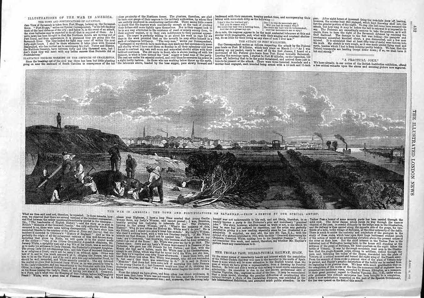 Original Old Antique Print 1863 War America Town Fortifications Savannah 19th