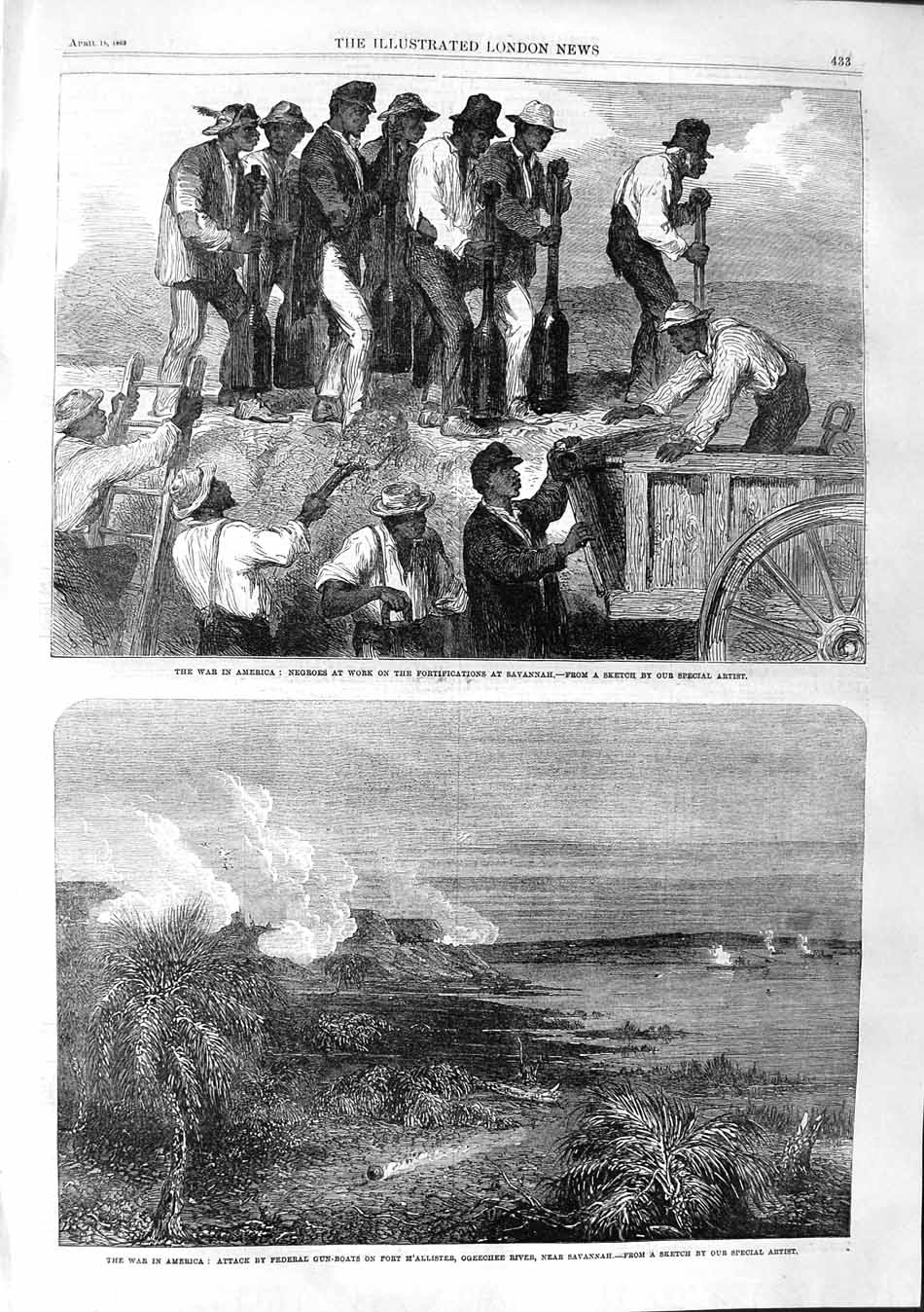 Old Antique Print 1863 War America Negroes Savannah Fort M'Allister River 19th