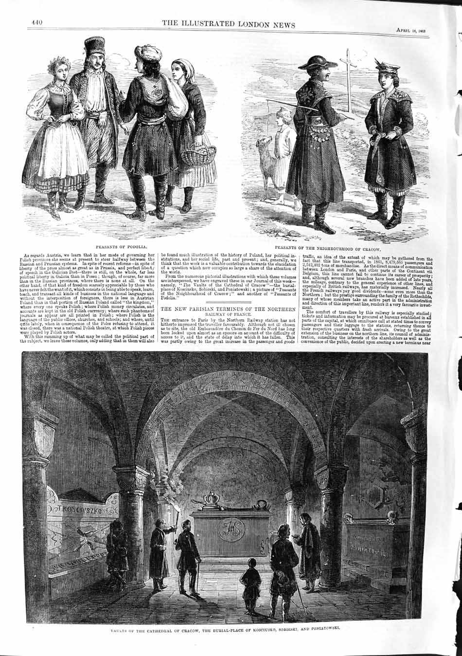 Old Antique Print 1863 Peasants Podolia Crocow Vaults Cathedral Kosciusko 19th