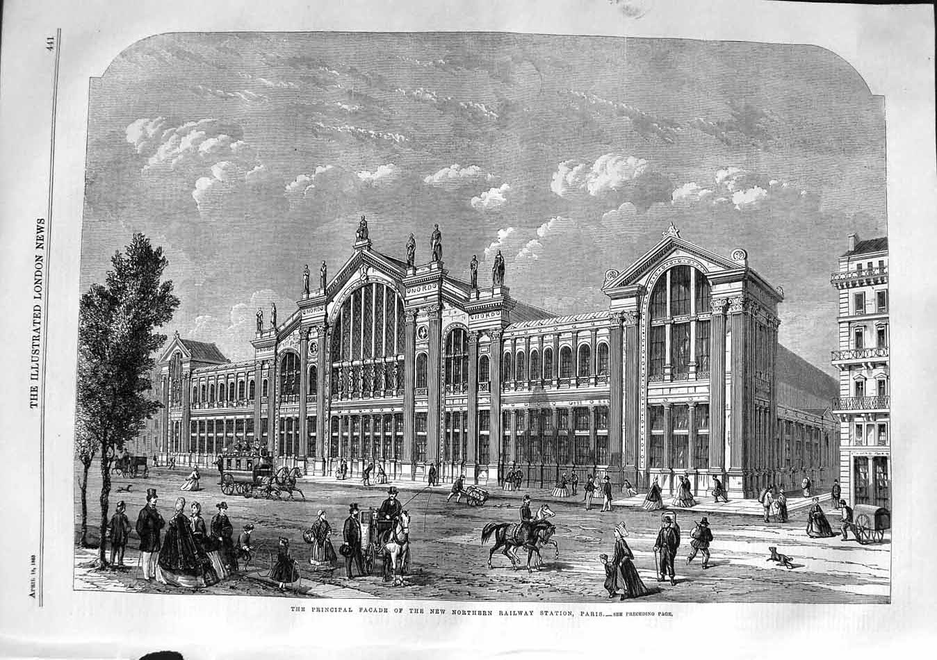 Original Old Antique Print 1863 Principal Faáade Northern Railway Station Paris