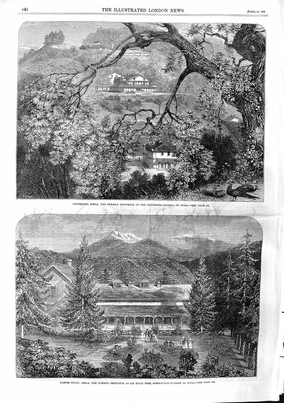Old Antique Print 1863 Peterhoff Simla Governor-General India Barnes Rose 19th