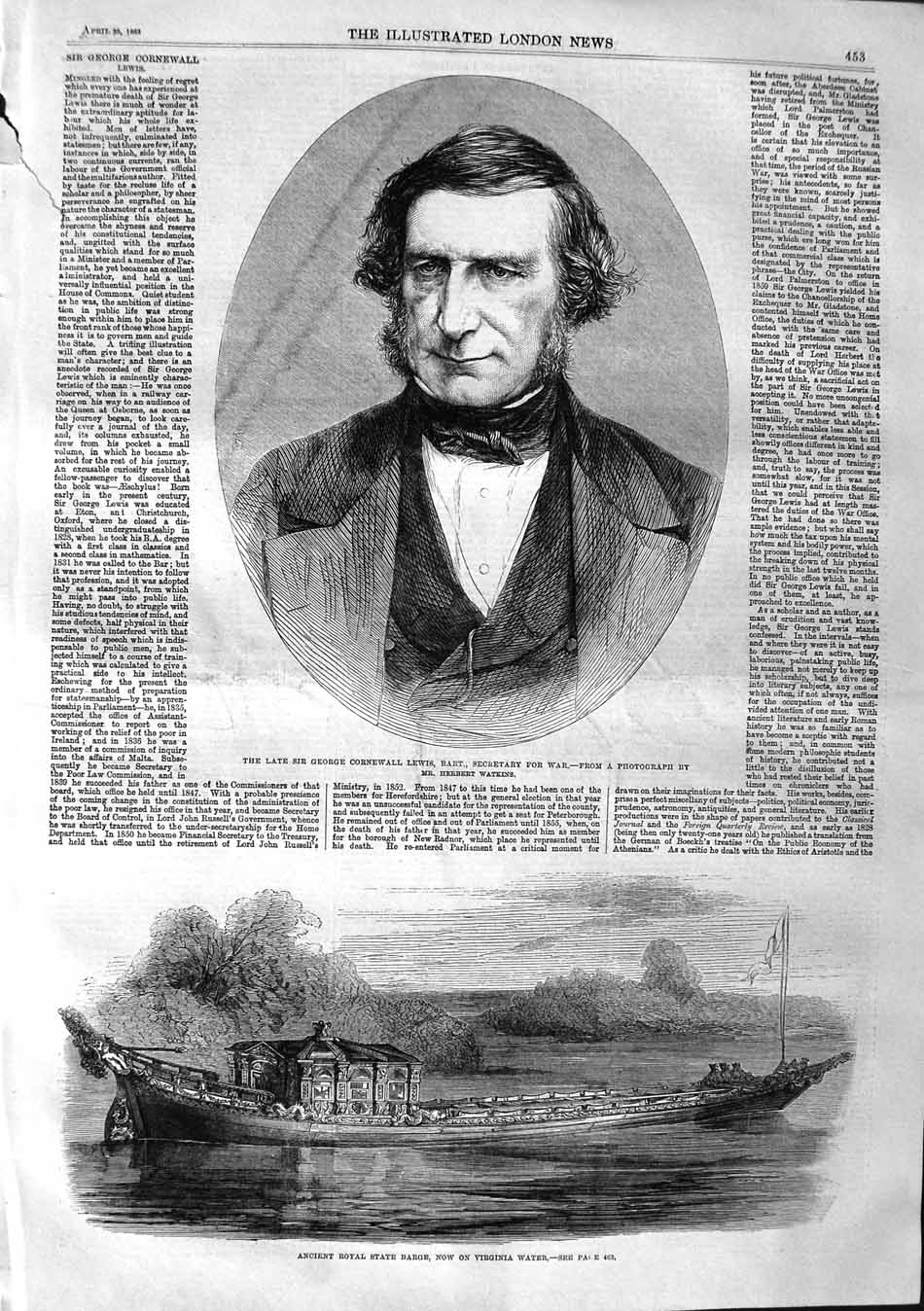 Old Antique Print 1863 George Cornwall Lewis Royal State Barge Virginia 19th