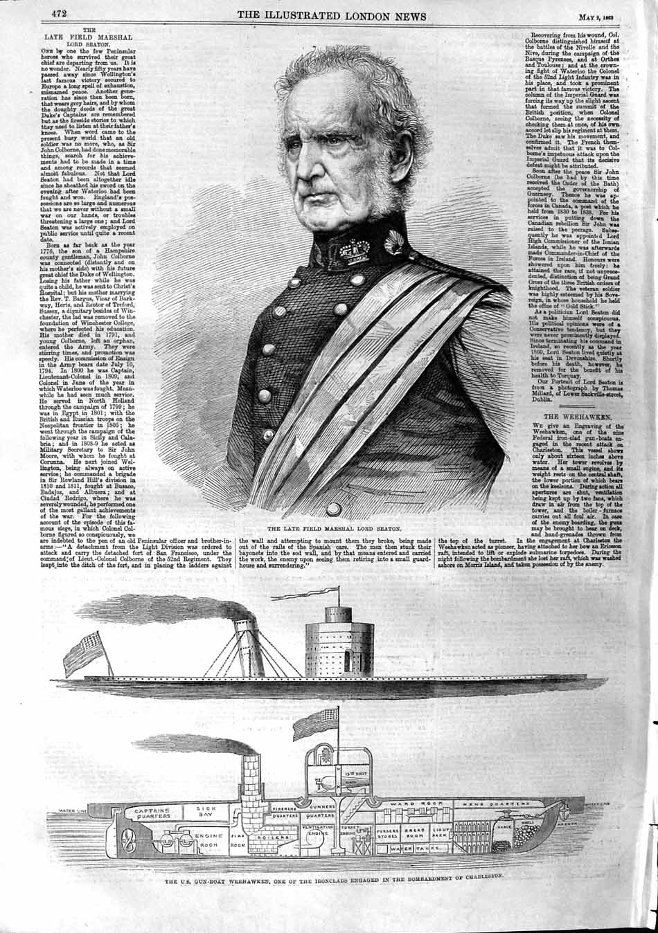 Old Antique Print 1863 Field Marshal Lord Seaton Gun-Boat Weehawken Ship 19th
