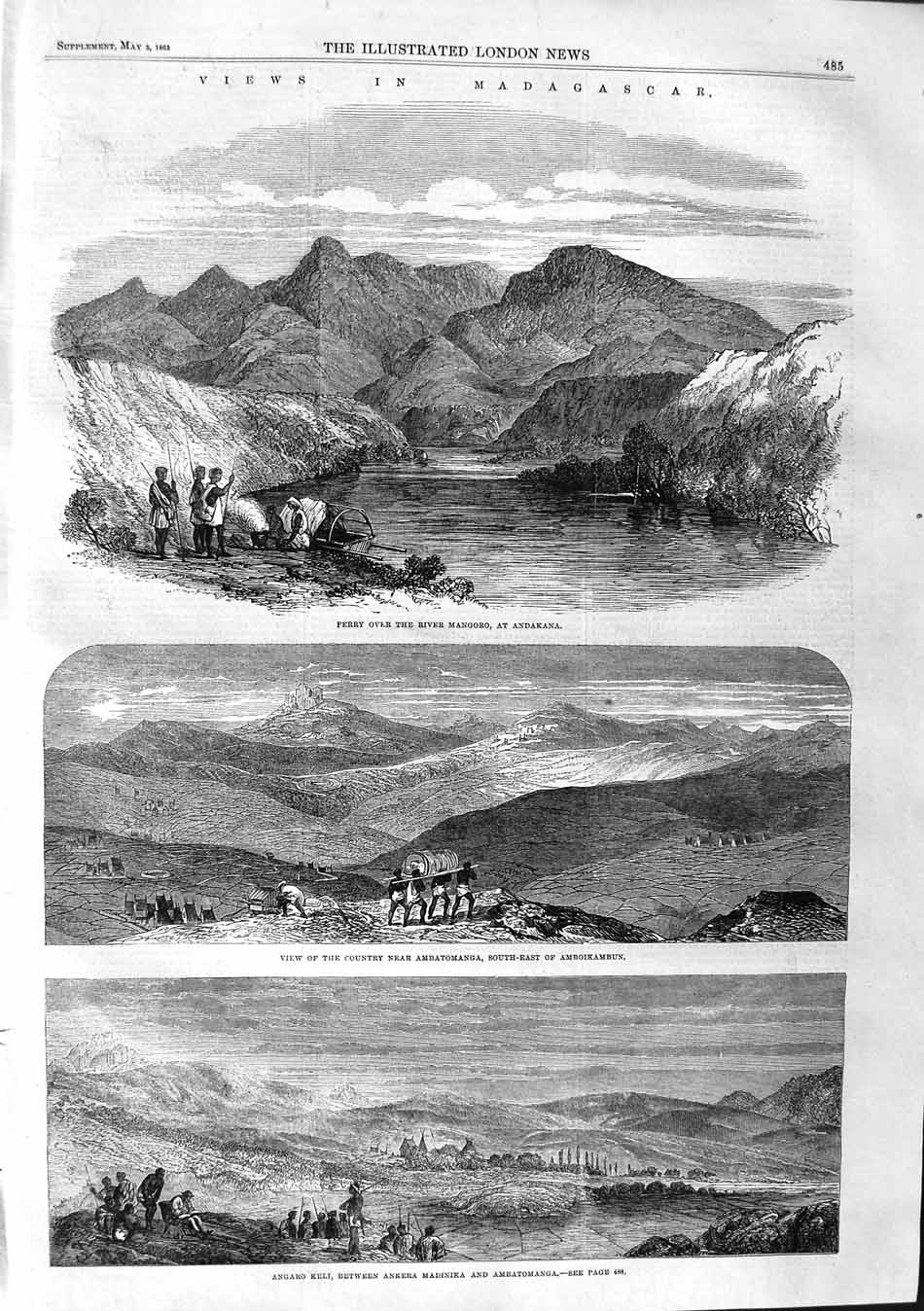 Old Antique Print 1863 Madagascar Amboikambun Andakana Lake Anosi Anevoca 19th