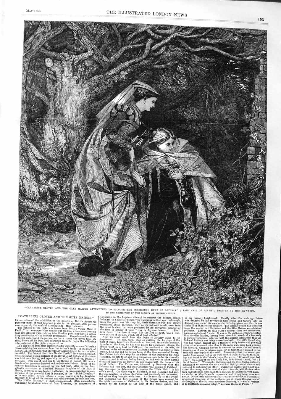 Original Old Antique Print 1863 Catherine Glover Glee Maiden Duke Rothsay Perth