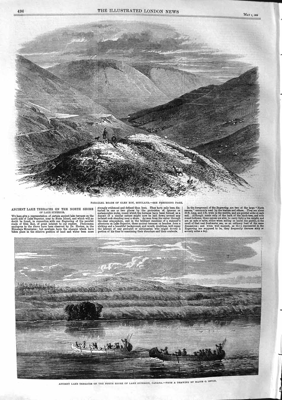 Original Old Antique Print 1863 Parallel Roads Glen Roy Scotland Lake Superior