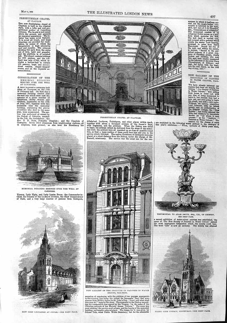Original Old Antique Print 1863 Presbyterian Chapel Clapham Well Cawnpore Cupar