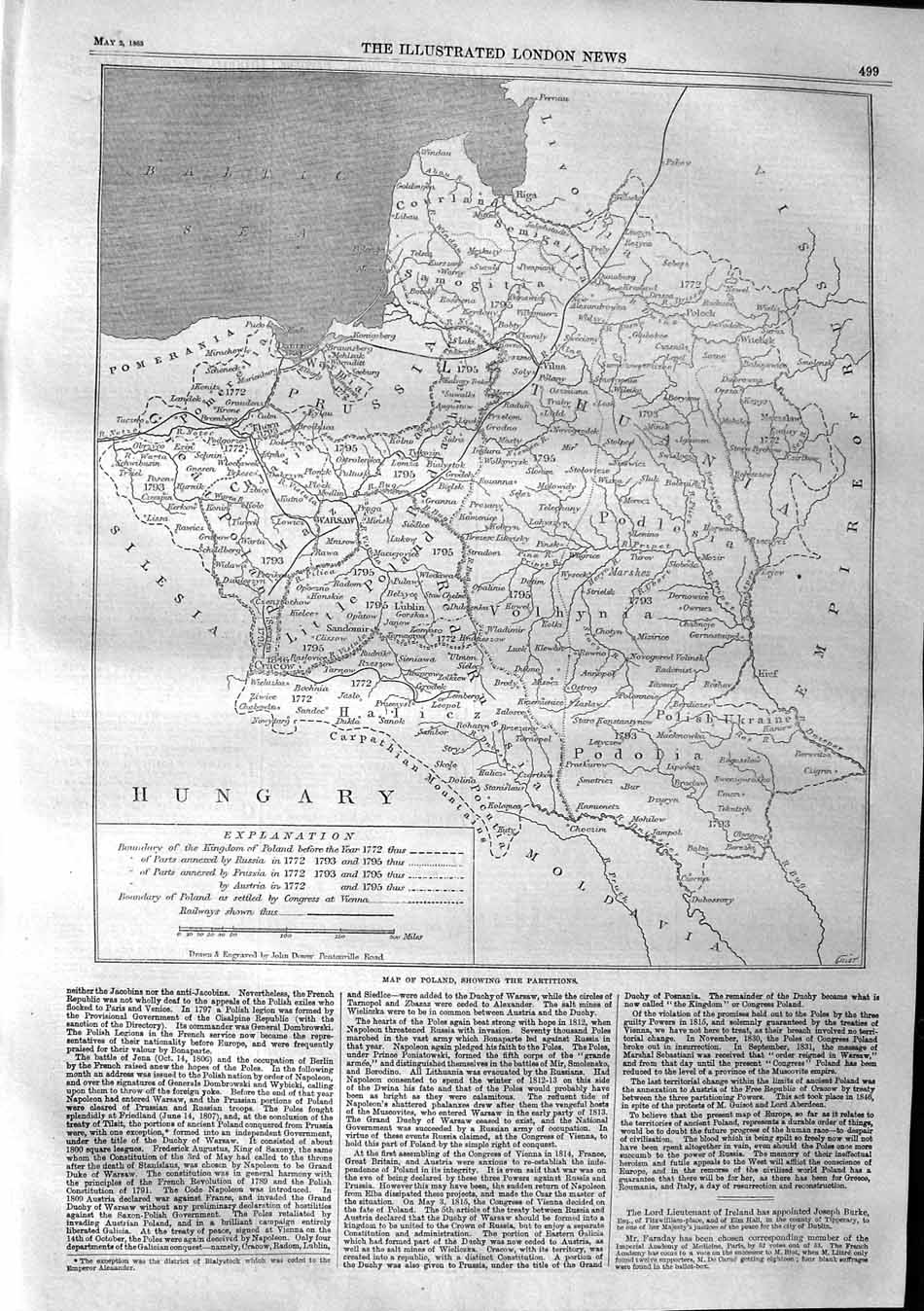 Original Old Antique Print 1863 Map Poland Partitions Prussia Volhynia 19th