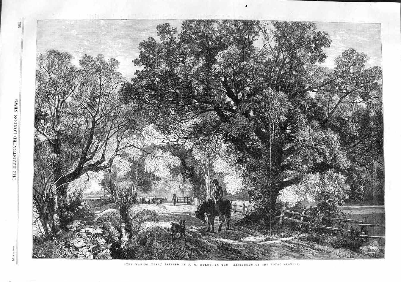 Original Old Antique Print 1863 Hulme Fine Art Man Horse Dog Cattle Countryside